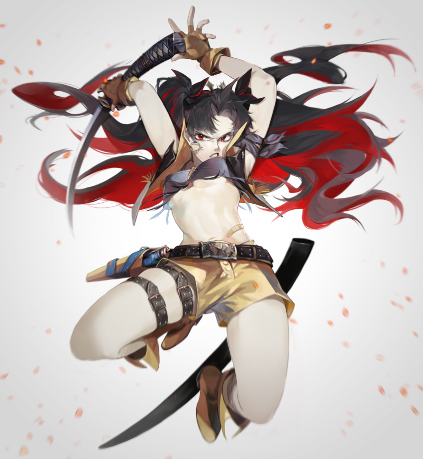 1girl absurdres bandaid_on_stomach belt black_hair boots breasts colored_inner_hair commentary_request earrings fate/grand_order fate_(series) fingerless_gloves full_body gloves highres holding holding_weapon hoop_earrings ishtar_(fate)_(all) jewelry jumping katana long_hair luc_oldgoat midriff multicolored_hair red_eyes sheath shorts small_breasts solo space_ishtar_(fate) sword thigh_strap twintails weapon white_background yellow_footwear yellow_gloves yellow_shorts