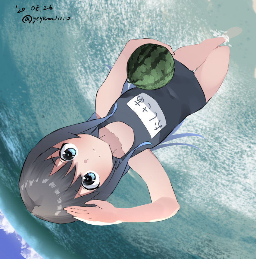 1girl asashio_(kantai_collection) black_hair blue_eyes blue_sky clouds commentary_request covered_navel day flat_chest food fruit gegeron highres horizon kantai_collection long_hair looking_at_viewer name_tag ocean outdoors salute school_swimsuit sky soaking_feet solo swimsuit upside-down water watermelon
