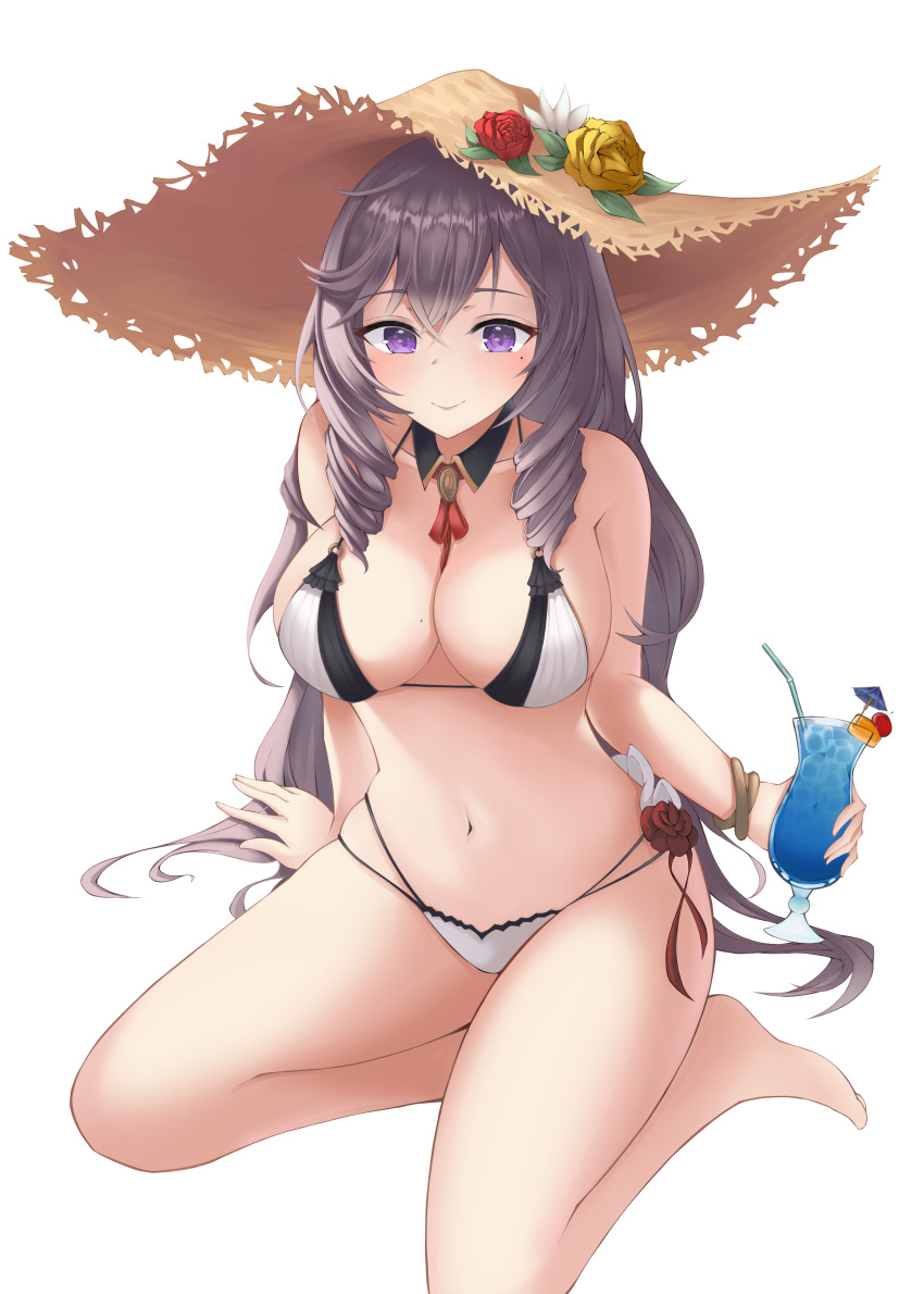 1girl absurdres algerie_(azur_lane) algerie_(white_sand_angel)_(azur_lane) artist_request azur_lane bikini breasts brown_bikini cocktail cup drill_hair drill_locks flower grey_hair hat hat_flower highres holding holding_cup large_breasts long_hair looking_at_viewer mole mole_on_breast multi-strapped_bikini multiple_straps solo straw_hat sun_hat swimsuit twin_drills two-tone_bikini very_long_hair violet_eyes white_bikini
