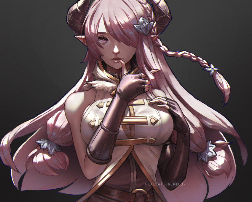 1girl asymmetrical_gloves black_gloves blue_eyes braid breasts draph elbow_gloves gloves granblue_fantasy hair_ornament hair_over_one_eye highres horns large_breasts lavender_hair long_hair low_tied_hair narmaya_(granblue_fantasy) pixelationer pointy_ears single_braid sleeveless solo upper_body