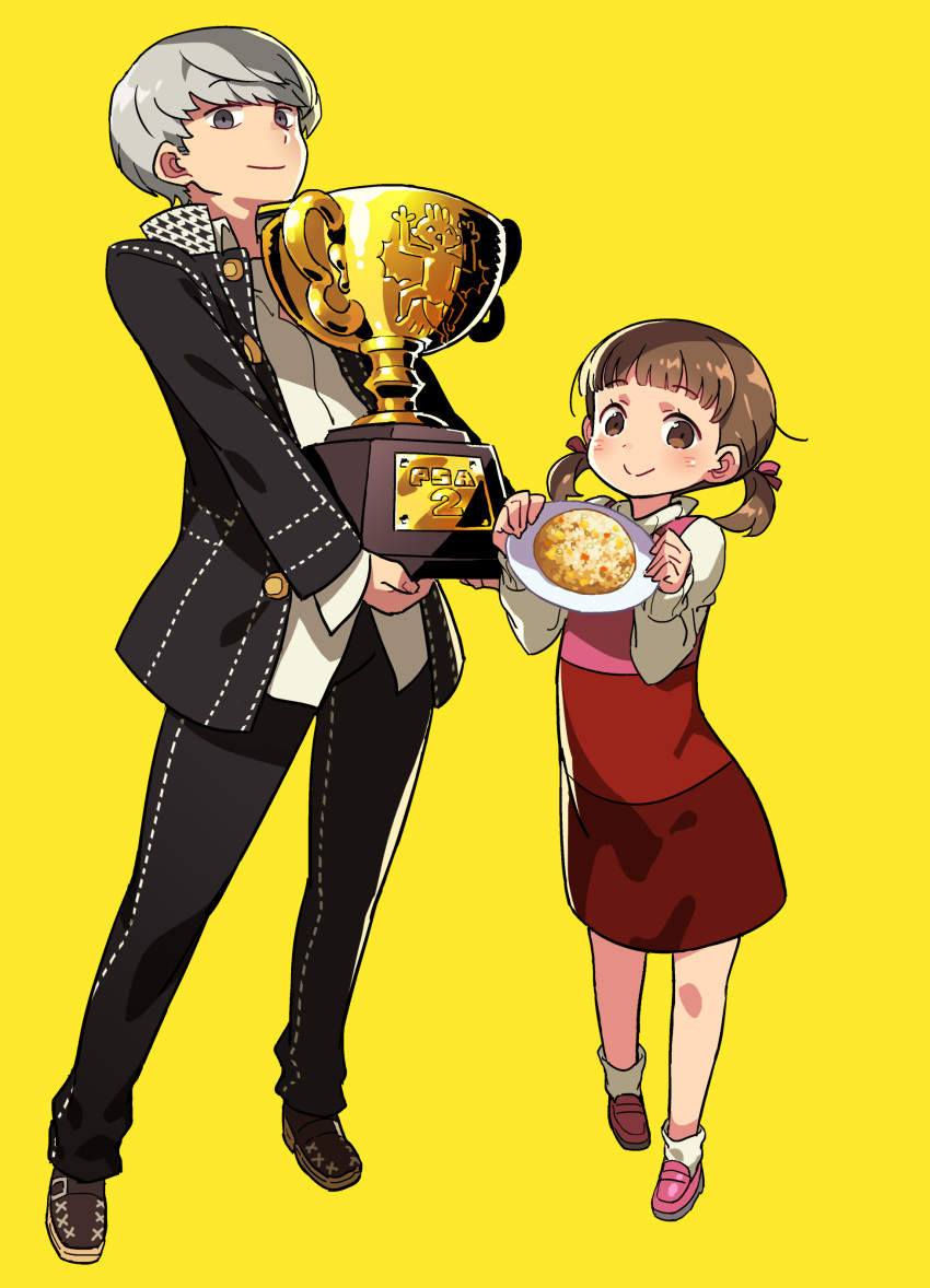 1boy 1girl absurdres bangs black_jacket black_pants blush brown_eyes brown_hair commentary_request cousins doujima_nanako dress food fried_rice full_body grey_eyes grey_hair high_collar highres himukai_yuuji holding holding_plate holding_trophy jacket loafers long_sleeves looking_at_viewer narukami_yuu pants persona persona_4 pink_footwear plate red_dress shirt shoes short_hair short_twintails simple_background smile socks trophy twintails white_legwear white_shirt yellow_background