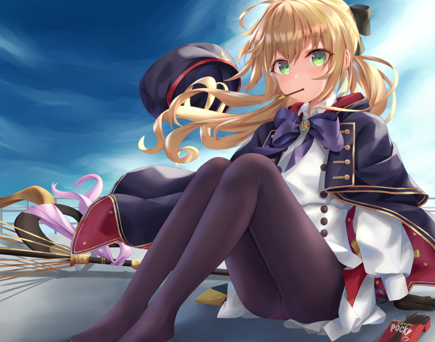 1girl absurdres artoria_pendragon_(all) artoria_pendragon_(caster) ass bangs black_capelet black_gloves black_headwear black_legwear black_ribbon blonde_hair blue_neckwear blush capelet commentary_request crotch_seam double-breasted dress eyebrows_visible_through_hair fate/grand_order fate_(series) food food_in_mouth gloves green_eyes hair_ornament hair_ribbon hamstarhand hand_on_ground hat hat_removed headwear_removed highres jacket long_hair long_sleeves looking_at_viewer mouth_hold no_shoes pantyhose pleated_skirt pocky puffy_long_sleeves puffy_sleeves ribbon sitting skirt sky solo staff white_skirt wing_collar