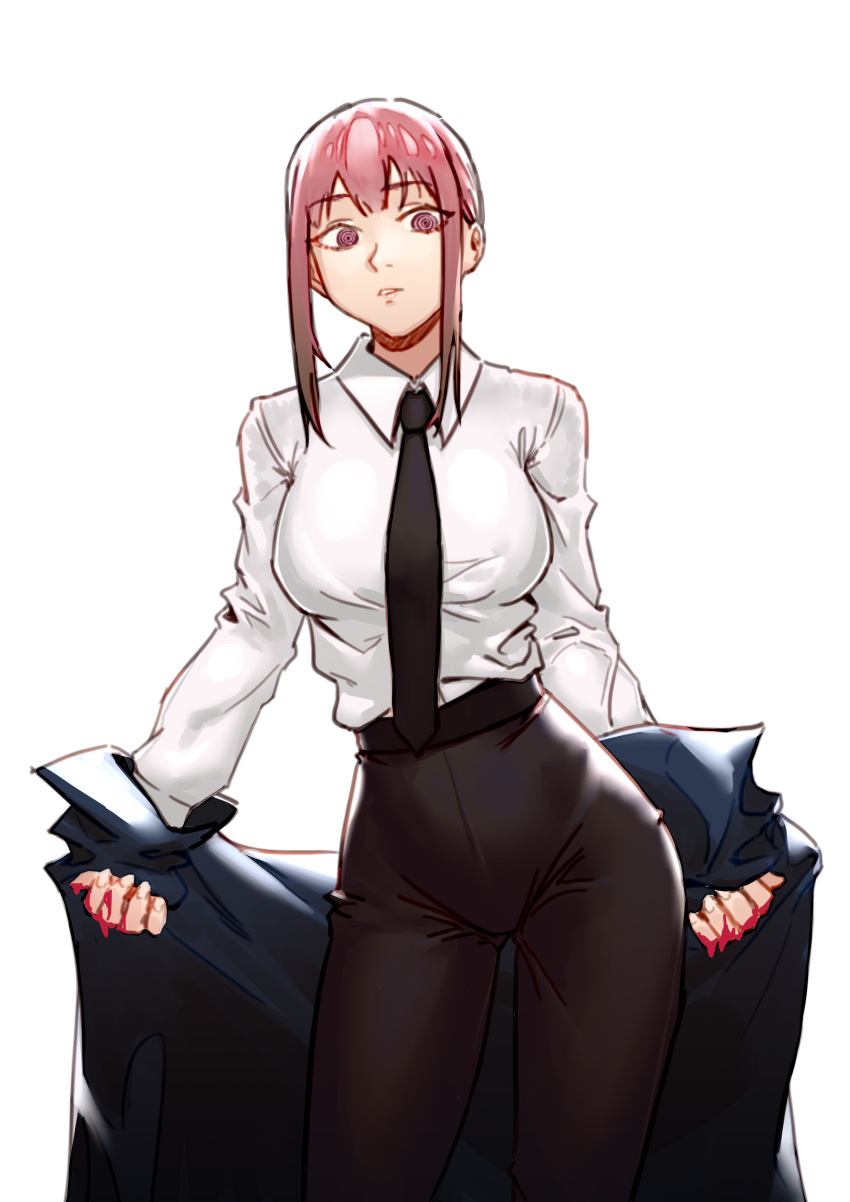 1girl absurdres asd03853116 bangs black_jacket black_legwear black_neckwear black_pants blood bloody_hands breasts brown_hair business_suit chainsaw_man collared_shirt eyebrows_visible_through_hair formal highres jacket large_breasts long_sleeves looking_at_viewer makima_(chainsaw_man) medium_hair necktie neckwear open_mouth pants pink_eyes removing_jacket ringed_eyes shirt shirt_tucked_in short_hair simple_background solo suit tight tight_pants undressing white_background white_shirt