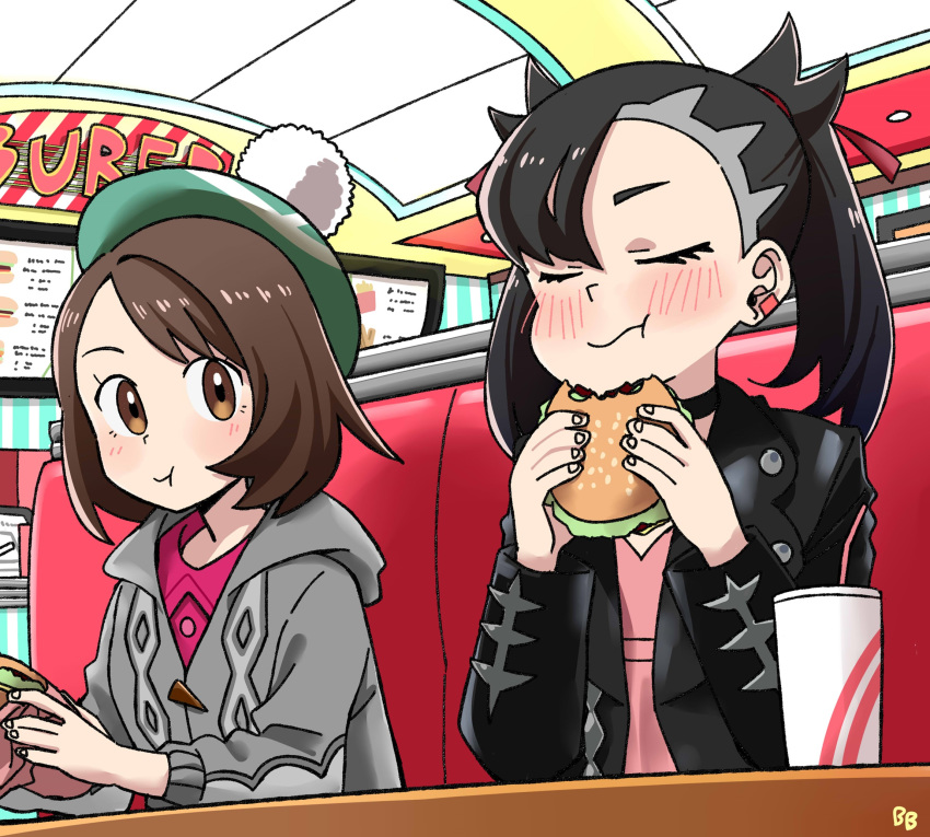 2girls billbung black_hair brown_hair cup dinner disposable_cup eating fast_food food hamburger hat highres indoors jacket mary_(pokemon) multiple_girls pokemon pokemon_(game) pokemon_swsh yuuri_(pokemon)