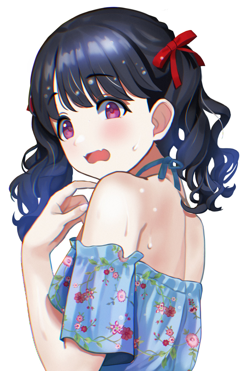 1girl absurdres andoplus bangs bare_shoulders black_hair blue_shirt commentary_request eyebrows_visible_through_hair fangs film_grain floral_print fukumaru_koito hair_ribbon halterneck highres idolmaster idolmaster_shiny_colors looking_at_viewer looking_to_the_side medium_hair off-shoulder_shirt off_shoulder open_mouth print_shirt red_ribbon ribbon shirt short_sleeves skin_fangs solo sweat sweatdrop twintails upper_body violet_eyes white_background