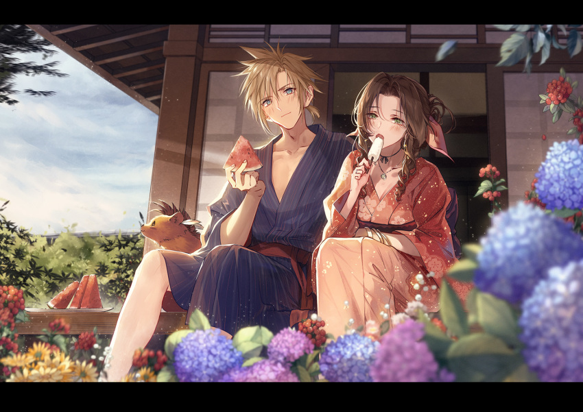 1boy 1girl aerith_gainsborough alternate_costume bangle bangs blonde_hair blue_eyes blue_kimono blue_sky blurry blush bracelet brown_hair closed_mouth cloud_strife clouds cloudy_sky commentary day depth_of_field drill_hair eating final_fantasy final_fantasy_vii floral_print flower food fruit green_eyes hair_ribbon holding holding_food japanese_clothes jewelry kieta kimono letterboxed long_hair looking_at_viewer necklace obi open_door open_mouth outdoors parted_bangs patio plate popsicle red_kimono ribbon sash short_hair side-by-side side_drill sitting sky sliding_doors smile spiky_hair twin_drills watermelon