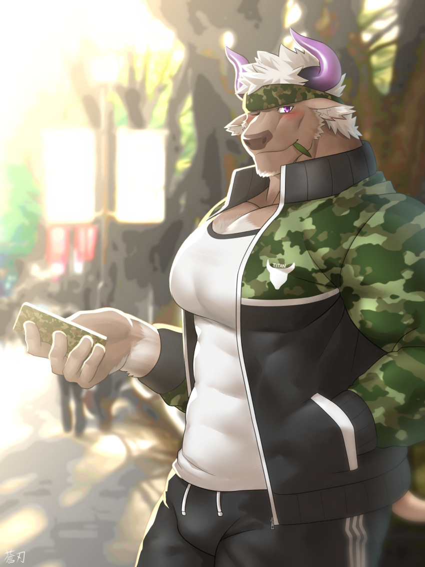1boy absurdres animal_ears bara blush bulge chest chest_hair cow_boy cow_ears cow_horns facial_hair furry highres horns jacket keijimohumohu looking_at_viewer male_focus manly muscle pants pectorals phone purple_horns shennong_(tokyo_afterschool_summoners) solo thighs tokyo_houkago_summoners track_jacket track_pants upper_body violet_eyes white_hair
