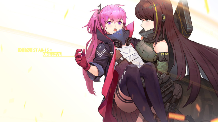 2girls bangs bare_shoulders black_jacket black_legwear black_scarf blue_eyes breasts brown_eyes carrying character_name commentary detached_sleeves feet_out_of_frame girls_frontline gloves green_hair hair_between_eyes hair_ornament headphones headphones_around_neck highres holding holding_another jacket kyma_curry large_breasts long_hair looking_at_viewer m4a1_(girls_frontline) multicolored_hair multiple_girls open_mouth pink_gloves pink_hair pink_jacket princess_carry ribbed_sweater scarf side_ponytail st_ar-15_(girls_frontline) streaked_hair sweater tagme thigh-highs thigh_strap two-tone_jacket violet_eyes