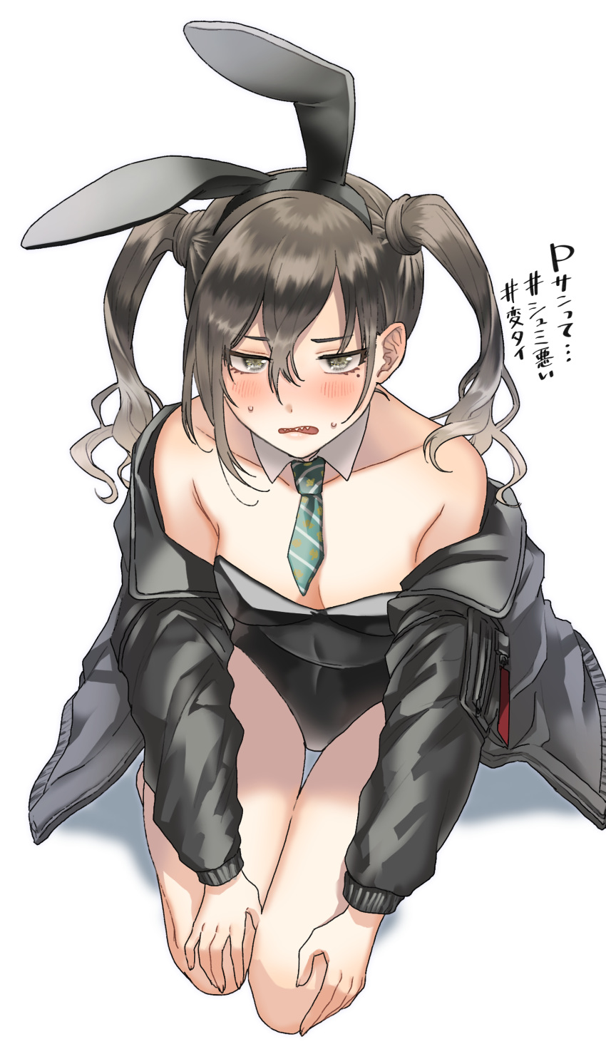 1girl absurdres animal_ears bangs bare_shoulders black_hair black_hairband black_jacket black_leotard blush breasts bunny_girl bunnysuit check_translation collarbone commentary_request detached_collar diagonal-striped_neckwear diagonal_stripes fake_animal_ears from_above full_body green_neckwear grey_eyes hair_between_eyes hairband hands_on_own_knees highres idolmaster idolmaster_cinderella_girls jacket kneeling leotard long_hair long_sleeves looking_at_viewer looking_up medium_breasts mole mole_under_eye necktie off_shoulder open_clothes open_jacket parted_lips rabbit_ears ro_torobo sharp_teeth sidelocks simple_background solo strapless strapless_leotard striped striped_neckwear sunazuka_akira sweat teeth translation_request twintails upper_teeth wavy_mouth white_background