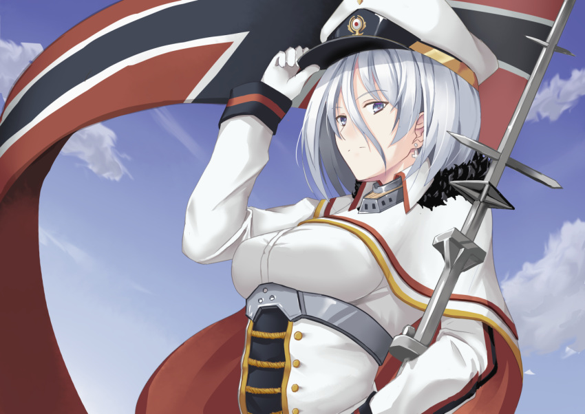 1girl azur_lane blue_eyes blue_sky breasts cape capelet cross cross_earrings earrings eyebrows_visible_through_hair flag fur-trimmed_cape fur_trim gloves hat holding holding_flag jewelry looking_at_viewer medium_breasts norwegian_flag peaked_cap short_hair sky solo taira_yuuki tirpitz_(azur_lane) white_gloves white_hair