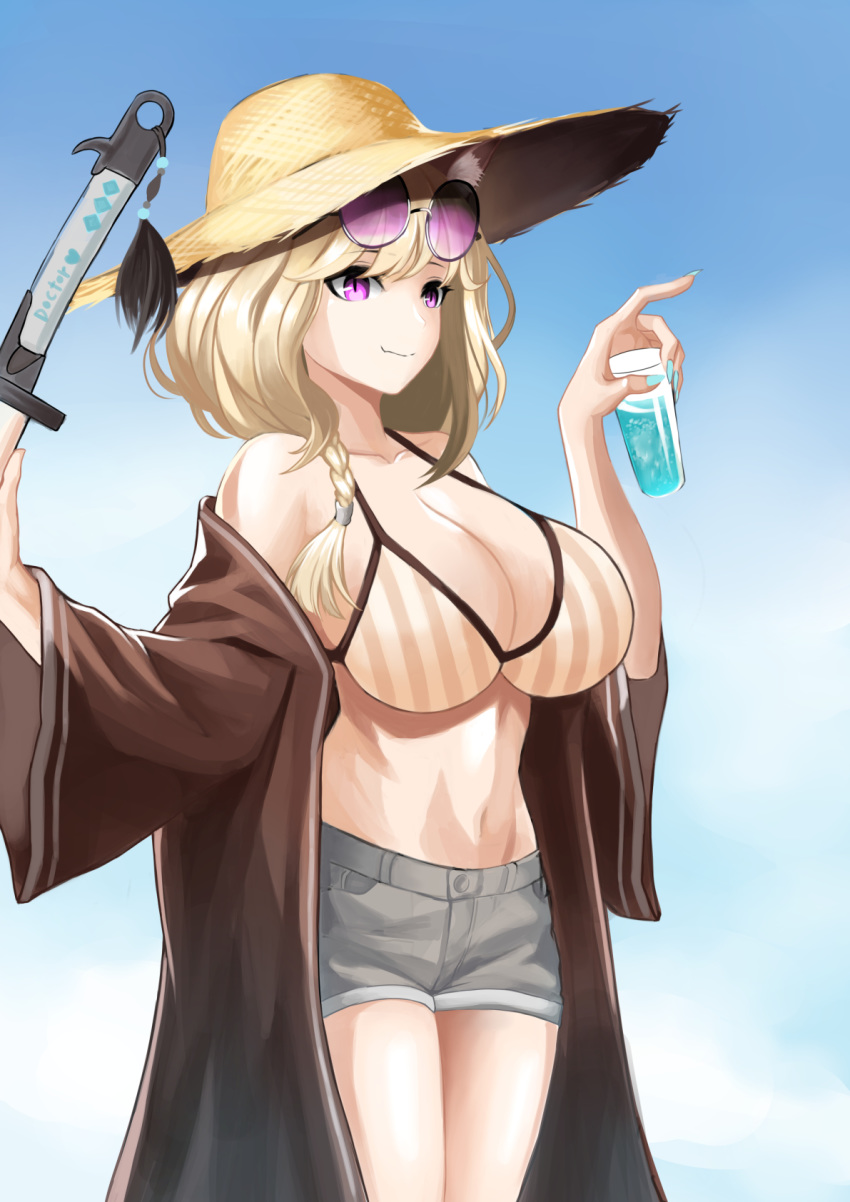 1girl animal_ear_fluff animal_ears aqua_nails arknights bangs bare_shoulders bikini blonde_hair blue_sky braid breasts brown_jacket commentary cowboy_shot cup day drinking_glass eyewear_on_head grey_shorts hands_up hat highres holding holding_cup jacket large_breasts long_sleeves nail_polish navel off_shoulder open_clothes open_jacket outdoors rankketer short_hair short_shorts shorts single_braid sky smile solo standing stomach striped striped_bikini sun_hat sunglasses swimsuit thighs utage_(arknights) vertical-striped_bikini vertical_stripes violet_eyes wide_sleeves