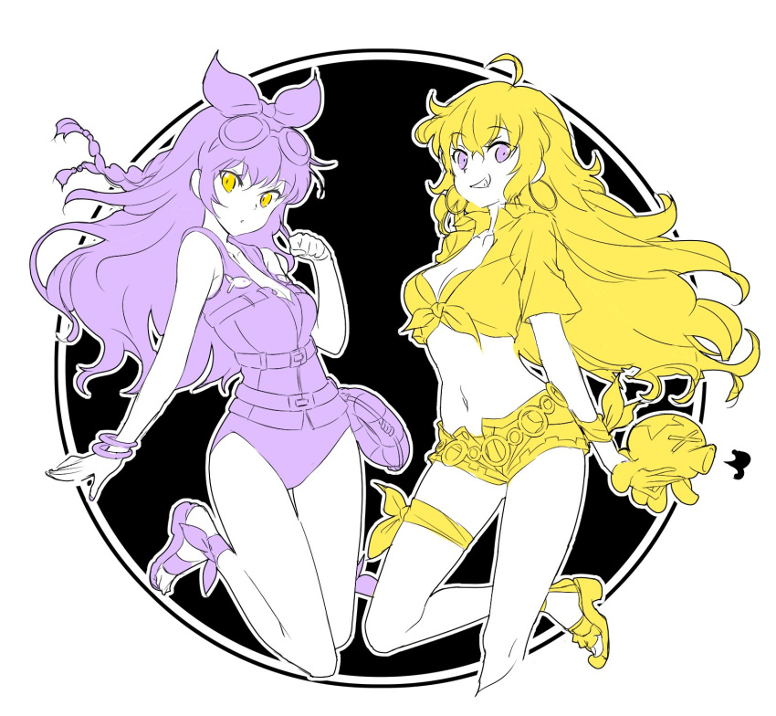 2girls blake_belladonna blonde_hair bow bracelet breasts earrings front-tie_top goggles goggles_on_head hair_bow highres iesupa jewelry large_breasts limited_palette long_hair midriff multiple_girls navel one-piece_swimsuit purple_hair rwby sandals short_shorts shorts swimsuit thighlet vest violet_eyes wavy_hair yang_xiao_long yellow_eyes
