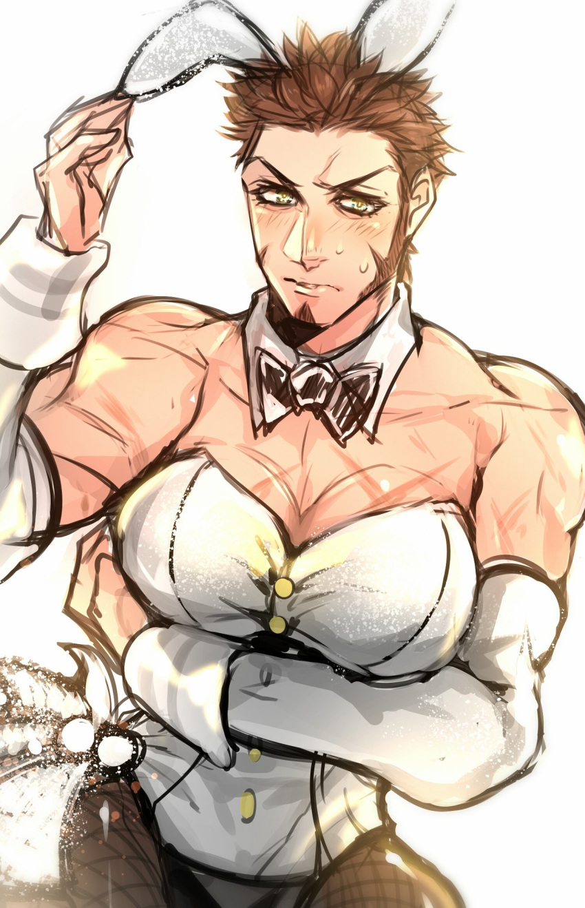 1boy bad_hands blue_eyes blush brown_hair bunny_boy chest crossdressinging facial_hair fate/grand_order fate_(series) goatee highres male_focus male_playboy_bunny muscle napoleon_bonaparte_(fate/grand_order) pectorals scar sideburns sketch solo tight zuman_(zmnjo1440)