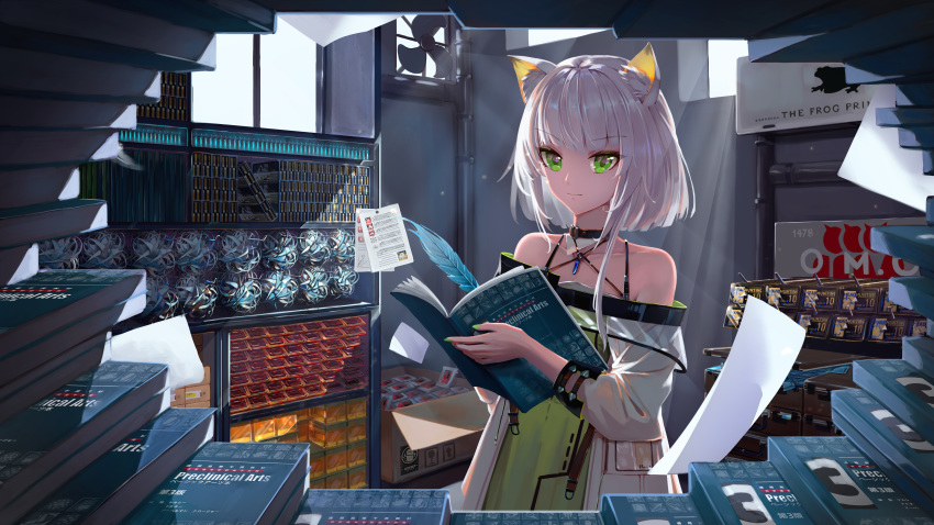 1girl absurdres animal_ear_fluff arknights bangs bare_shoulders black_choker book chinese_commentary choker commentary_request dress eyebrows_visible_through_hair feathers green_dress green_eyes green_nails headhunting_permit_(arknights) highres holding holding_book indoors kal'tsit_(arknights) long_sleeves looking_at_viewer lynx_ears nail_polish nosttat off-shoulder_dress off_shoulder partial_commentary short_hair silver_hair solo upper_body