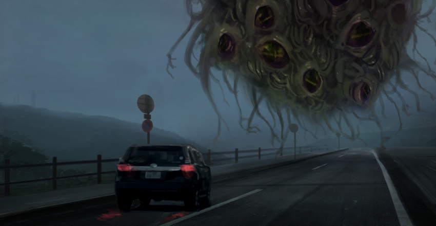 +_+ car creature driving eldritch_abomination extra_eyes floating fog ground_vehicle highres horizontal_pupils monster motor_vehicle mountain original outdoors reflection road road_sign scenery sidewalk sign silhouette slit_pupils tentacles yomanika
