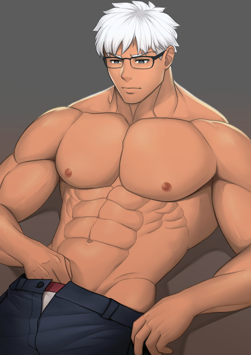 1boy abs absurdres alternate_costume archer bara brown_eyes chest dark_skin dark_skinned_male fate/grand_order fate/stay_night fate_(series) glasses highres male_focus miqi_(nnaf3344) muscle nipples pectorals shirtless short_hair solo summer_casual_(fate/grand_order) upper_body white_hair