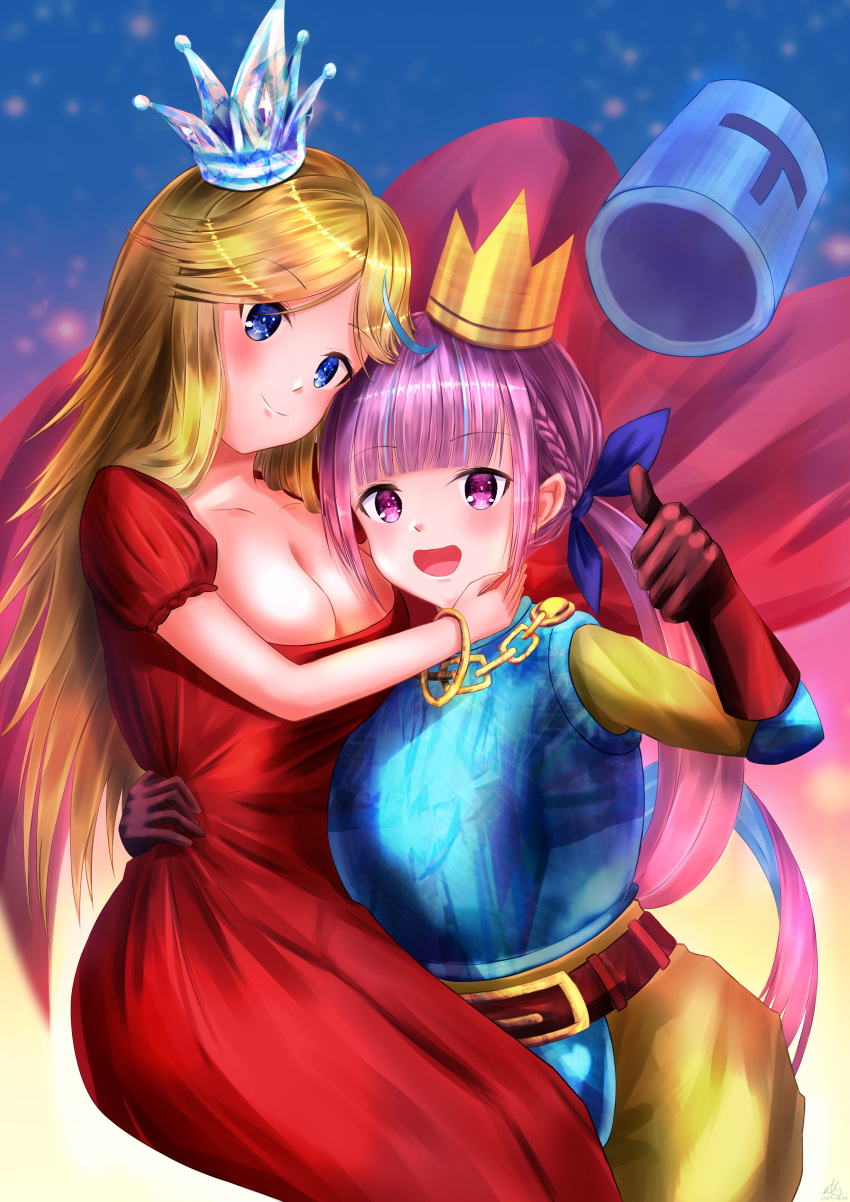 2girls :d absurdres armor belt blue_eyes blush braid breasts character_request closed_mouth cosplay crown daidai_(daidai826) eyebrows_visible_through_hair gloves hand_on_another's_cheek hand_on_another's_face headwear_removed helmet helmet_removed highres hololive jump_king large_breasts long_hair minato_aqua multicolored_hair multiple_girls open_mouth purple_hair red_gloves smile streaked_hair thumbs_up twintails two-tone_hair very_long_hair violet_eyes virtual_youtuber