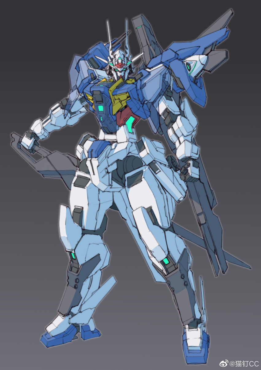 absurdres blue_eyes clenched_hands gn_drive grey_background gundam gundam_00_sky gundam_build_divers highres holding holding_sword holding_weapon looking_at_viewer mecha no_humans redesign sheath solo standing sword unsheathing v-fin weapon ztb0000