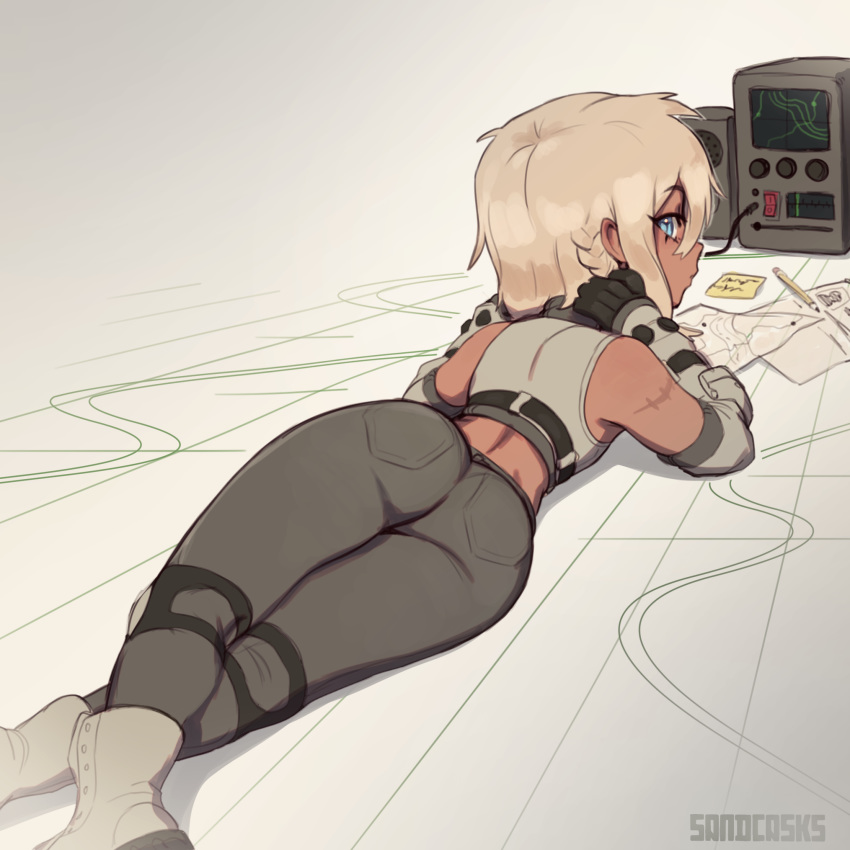 1girl ass black_gloves blue_eyes boots braid combat_boots crop_top crossed_legs dark_skin detached_sleeves from_behind gloves highres knee_pads looking_back lying map midriff military monitor on_stomach original pants pencil sandcasket scar short_hair side_braid silver_hair solo suna_(sandcasket)