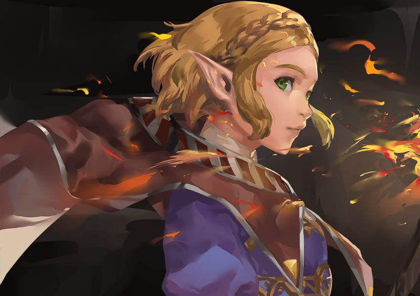 1girl bangs blazpu blonde_hair blue_tunic braid brown_cape cape crown_braid forehead from_side green_eyes highres lips nose parted_bangs pointy_ears princess_zelda short_hair sidelocks solo the_legend_of_zelda the_legend_of_zelda:_breath_of_the_wild the_legend_of_zelda:_breath_of_the_wild_2 thick_eyebrows upper_body wind wind_lift