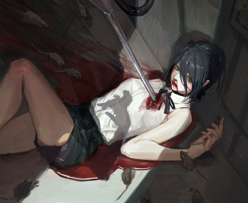 2girls absurdres animal black_choker black_hair black_ribbon black_shorts bleeding blood blood_from_mouth blood_on_face blood_splatter bloody_clothes chainsaw_man choker collared_shirt green_eyes hair_between_eyes hair_bun highres looking_at_viewer lying makima_(chainsaw_man) medium_hair mouse multiple_girls nazgul_(5511474) on_back reze_(chainsaw_man) ribbon shirt shirt_tucked_in shorts solo_focus spoilers white_shirt