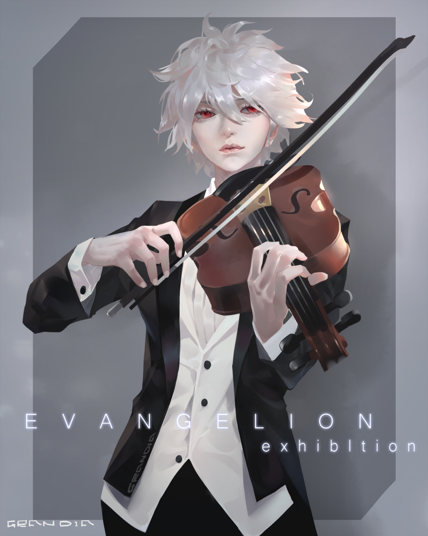 1boy copyright_name english_text fingernails formal grandia_lee hair_between_eyes highres holding instrument male_focus music nagisa_kaworu neon_genesis_evangelion parted_lips playing_instrument red_eyes signature solo suit violin white_hair