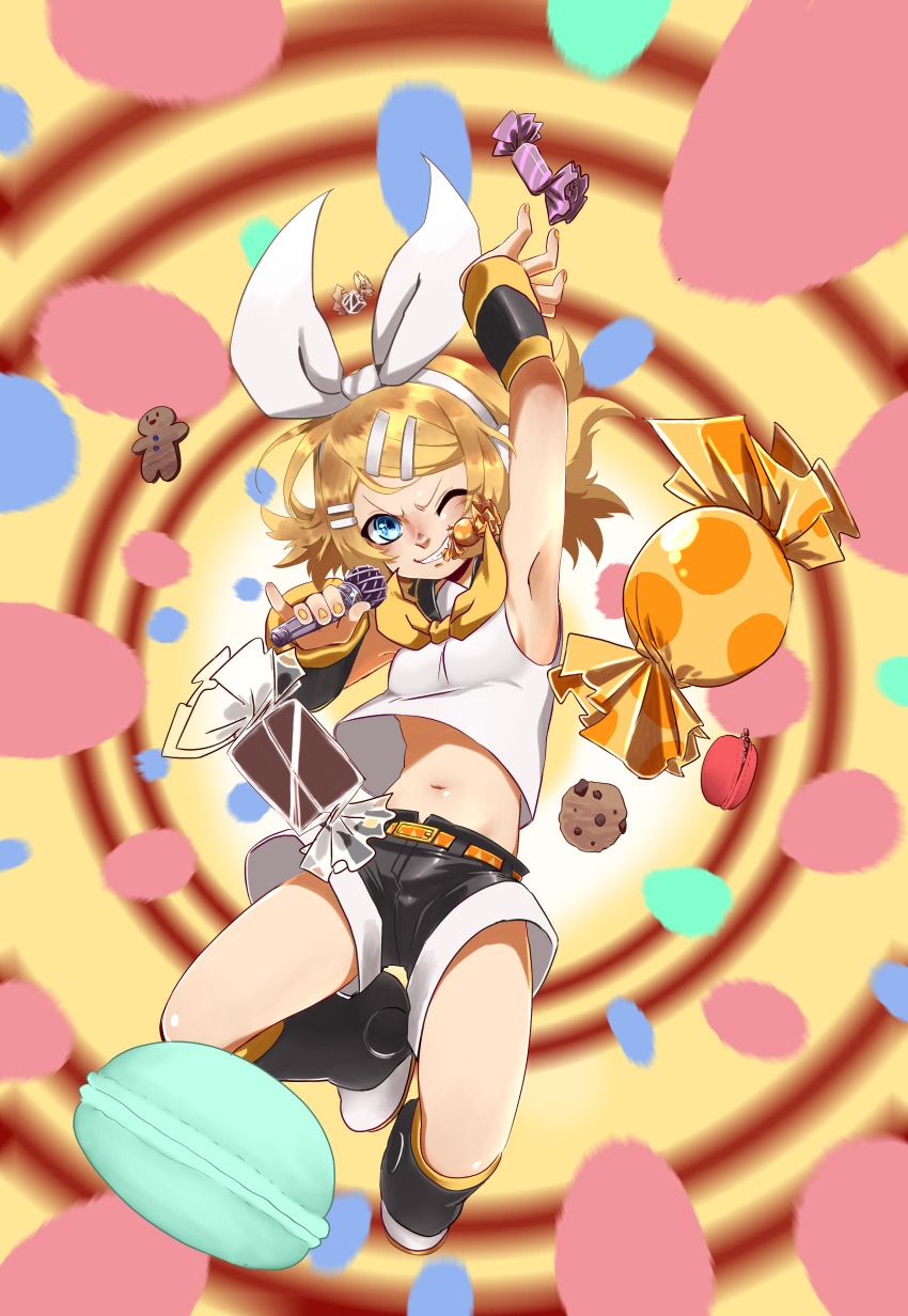 1girl absurdres armpits blonde_hair blue_eyes blurry bow breasts candy candy_wrapper cookie detached_sleeves food food_in_mouth gingerbread_man grin hair_bow hair_ornament hairclip hand_up headphones headset highres holding holding_microphone kagamine_rin leg_warmers macaron microphone midriff motion_blur mouth_hold navel one_eye_closed pinky_out sailor_collar sen_(aypj8447) shirt short_hair shorts sideboob sleeveless sleeveless_shirt smile solo teeth_hold vocaloid yellow_nails yellow_neckwear