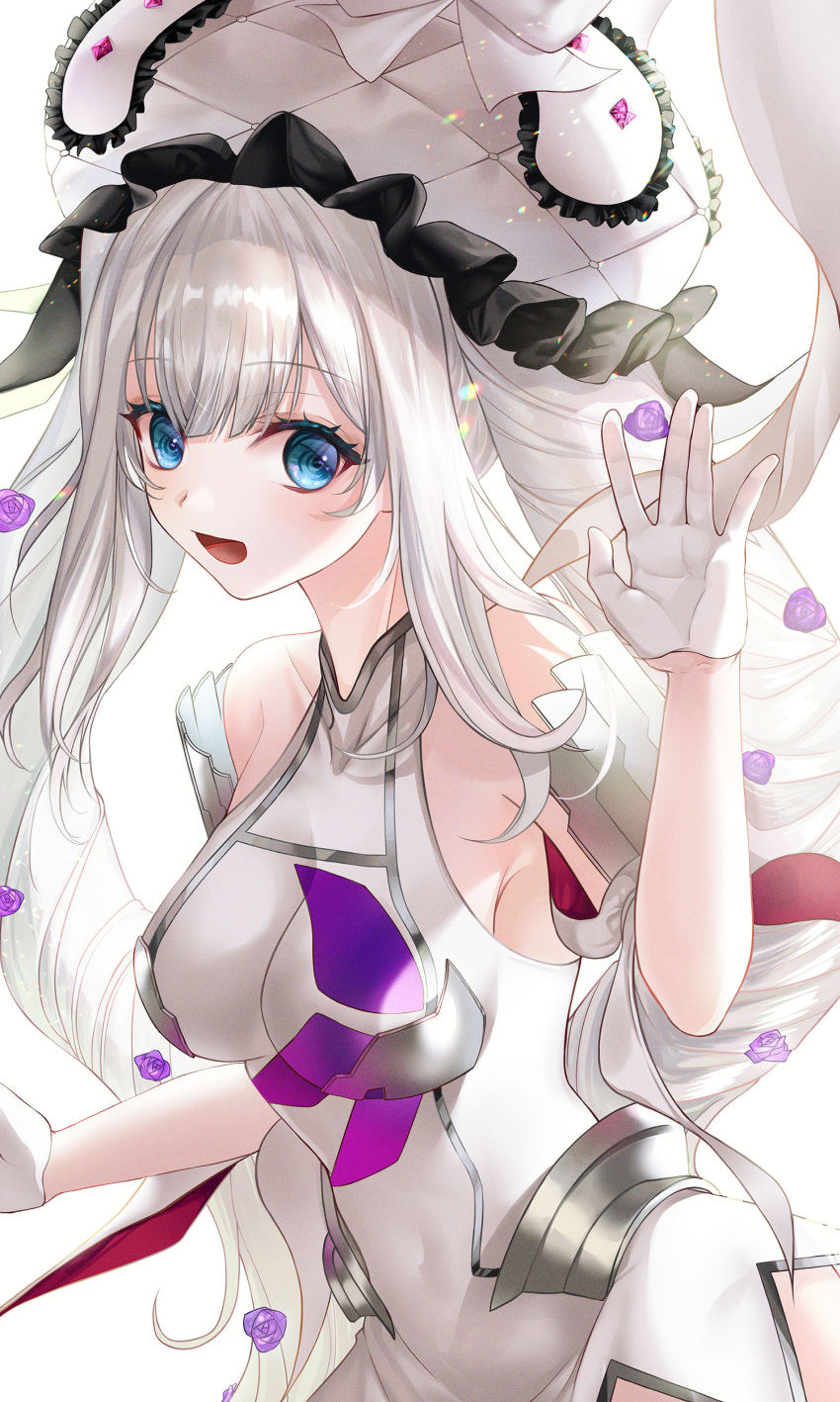 1girl absurdres bangs blue_eyes breasts covered_navel eyebrows_visible_through_hair fate/grand_order fate_(series) gloves hand_up hat highres liso long_hair looking_at_viewer marie_antoinette_(fate/grand_order) medium_breasts open_mouth simple_background solo twintails white_background white_gloves white_hair white_headwear