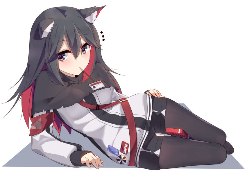 1girl animal_ears arknights black_legwear black_shorts capelet colored_inner_hair ddt_(darktrident) food hair_between_eyes jacket long_hair long_sleeves looking_at_viewer mouth_hold multicolored_hair notice_lines pantyhose pocky reclining short_shorts shorts simple_background solo texas_(arknights) white_background white_jacket wolf_ears