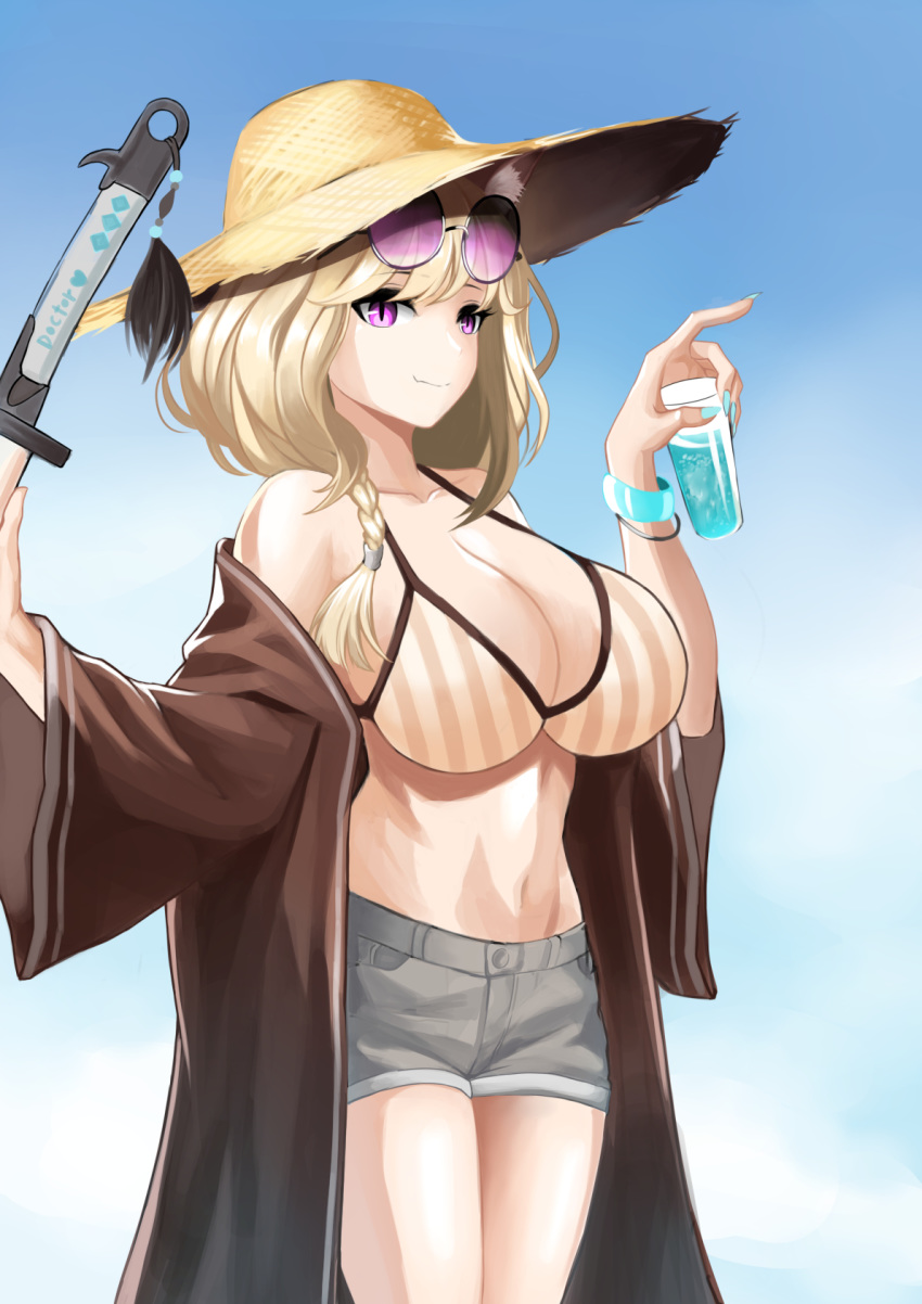 1girl animal_ear_fluff animal_ears aqua_nails arknights bangs bare_shoulders bikini blonde_hair blue_sky braid breasts brown_jacket commentary cowboy_shot cup day drinking_glass eyewear_on_head grey_shorts hands_up hat highres holding holding_cup jacket large_breasts long_sleeves nail_polish navel off_shoulder open_clothes open_jacket outdoors rankketer revision short_hair short_shorts shorts single_braid sky smile solo standing stomach striped striped_bikini sun_hat sunglasses swimsuit thighs utage_(arknights) vertical-striped_bikini vertical_stripes violet_eyes wide_sleeves