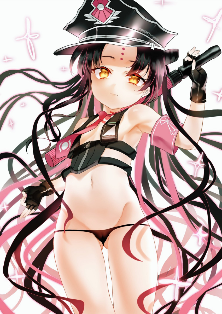 1girl armband bangs bare_shoulders bikini black_bikini black_gloves black_hair black_headwear blush breasts closed_mouth cosplay double_bun facial_mark fate/grand_order fate_(series) fingerless_gloves forehead_mark gloves halter_top halterneck hat highres long_hair looking_at_viewer multicolored_hair navel necktie parted_bangs pink_hair pink_neckwear police_hat sesshouin_kiara sesshouin_kiara_(swimsuit_mooncancer)_(fate) sesshouin_kiara_(swimsuit_mooncancer)_(fate)_(cosplay) small_breasts streaked_hair swimsuit thighs traffic_baton very_long_hair yellow_eyes zasshu