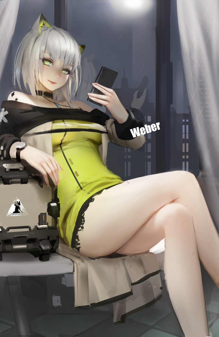 1girl absurdres arknights artist_name bangs bare_legs bare_shoulders black_choker cellphone choker commentary crossed_legs curtains dress feet_out_of_frame green_dress green_eyes hand_up highres holding holding_phone indoors kal'tsit_(arknights) long_sleeves looking_at_viewer lynx_ears microdress night off-shoulder_dress off_shoulder oripathy_lesion_(arknights) phone reflection short_hair silver_hair sitting smartphone smile solo thighs weber
