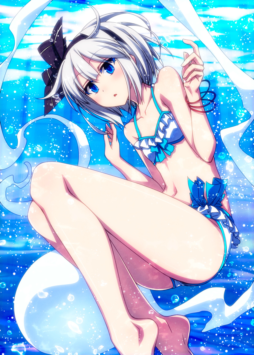 1girl :o air_bubble bangs bare_arms bare_legs bare_shoulders barefoot bikini black_hairband black_ribbon blue_bow blue_eyes blush bow bracelet breasts bubble collarbone colored_eyelashes commentary_request eyebrows_visible_through_hair frilled_bikini frills hair_ribbon hairband hands_up highres hitodama jewelry konpaku_youmu konpaku_youmu_(ghost) legs looking_at_viewer navel parted_lips ribbon sazanami_mio silver_hair small_breasts solo stomach submerged swimsuit touhou underwater w_arms white_bikini