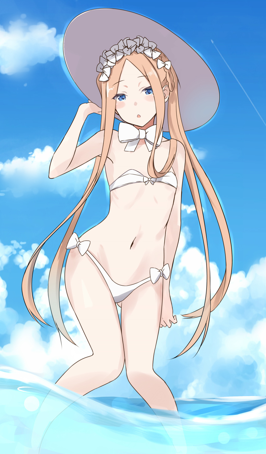 1girl abigail_williams_(fate/grand_order) absurdres bare_legs bare_shoulders blonde_hair blue_eyes blue_sky braid clouds fate/grand_order fate_(series) flat_chest french_braid hat highres long_hair looking_at_viewer navel open_mouth partially_submerged saku_(kudrove) sky solo water