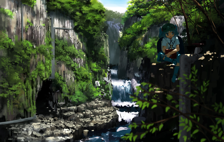 1girl backpack bag bangs blue_eyes blue_footwear blue_hair blue_skirt blue_sky blurry boots bush canyon cave cliff commentary_request day frilled_shirt_collar frills full_body hair_bobbles hair_ornament hexagon highres holding holding_wrench industrial kawashiro_nitori key knee_boots landscape leg_up looking_to_the_side nature open_mouth outdoors partial_commentary pipes plant ravine river rock rubber_boots scenery shadow shirt short_sleeves short_twintails sidelocks sitting sitting_on_rock skirt sky solo suna_(s73d) touhou tree tree_shade twintails two_side_up valve water waterfall white_shirt wrench