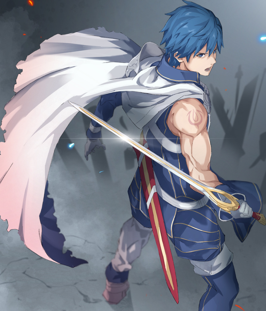 1boy absurdres bangs blue_eyes blue_gloves blue_hair blue_pants blue_shirt cape chrom_(fire_emblem) falchion_(fire_emblem) fire_emblem fire_emblem_awakening from_above from_behind gloves highres looking_to_the_side muscle open_mouth pants pretty-purin720 sheath shining shirt short_hair shoulder_tattoo sleeveless sleeveless_shirt standing sword tattoo torn_cape torn_clothes weapon