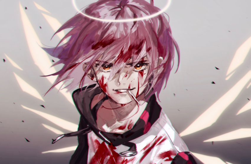1girl arknights blood blood_on_face bloody_clothes bra_strap brown_eyes commentary_request exusiai_(arknights) eyebrows_visible_through_hair eyes_visible_through_hair gradient gradient_background hair_between_eyes halo highres jacket looking_at_viewer luc_oldgoat mouth_hold pink_hair short_hair smile solo upper_body white_jacket wings