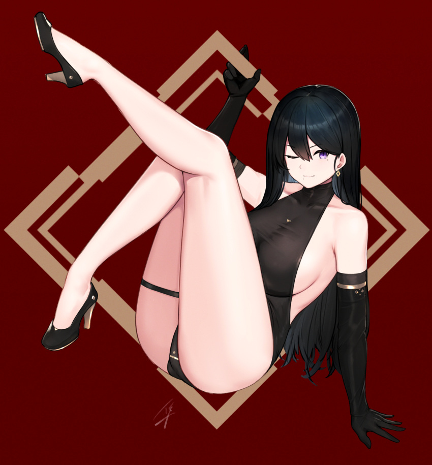 1girl ;) arm_up ass bangs bare_legs bare_shoulders black_footwear black_gloves black_hair black_leotard blush breasts closed_mouth collarbone commentary_request earrings elbow_gloves full_body gloves hayabusa high_heels highres jewelry large_breasts legs legs_up leotard long_hair looking_at_viewer mole mole_under_eye mole_under_mouth one_eye_closed original red_background sideboob signature smile solo straight_hair thigh_strap two-tone_background very_long_hair violet_eyes