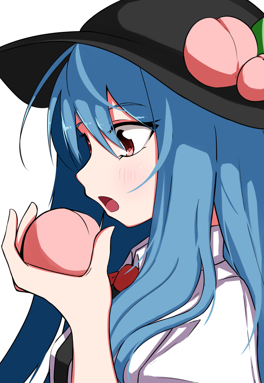 1girl absurdres bangs black_headwear blue_hair bow bowtie celestial collared_shirt eyebrows_visible_through_hair food fruit hair_between_eyes highres hinanawi_tenshi holding holding_food holding_fruit long_hair open_mouth peach pink_eyes red_bow red_neckwear shirt simple_background solo touhou upper_body usuyaki white_background white_shirt