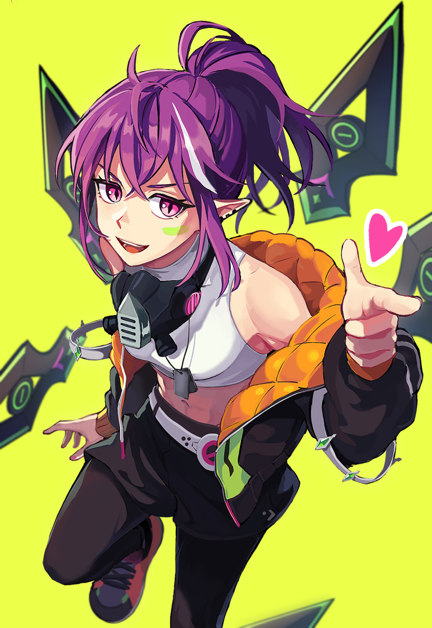 1girl bangs character_request chizu_(cheese) dog_tags earrings facial_mark gas_mask green_background heart highres jewelry long_hair looking_at_viewer lord_of_heroes midriff navel open_mouth pointing pointy_ears ponytail purple_hair shirt shoes sidelocks simple_background solo teeth turtleneck violet_eyes white_shirt