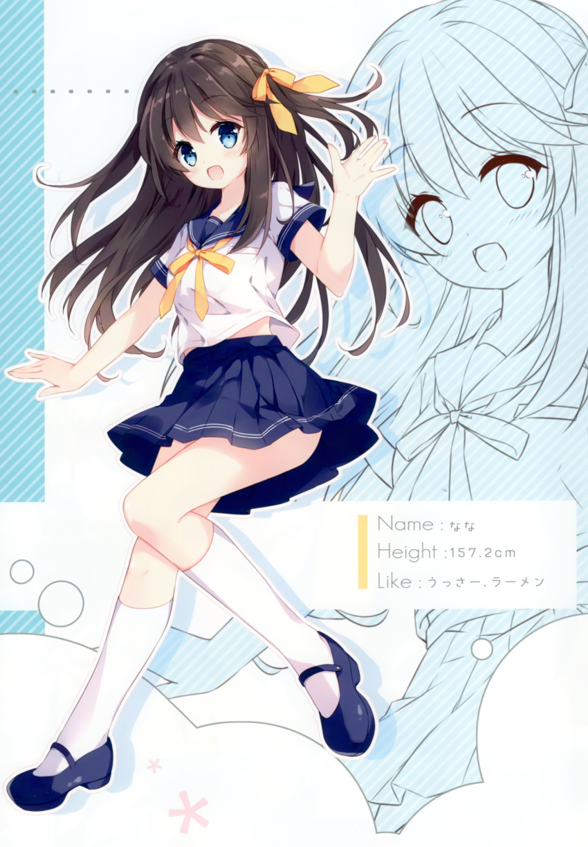 1girl absurdres bangs blue_eyes blue_footwear blue_skirt bow brown_hair eyebrows_visible_through_hair full_body hair_bow hand_up highres mary_janes mochizuki_shiina open_mouth original pleated_skirt scan school_uniform shiny shiny_hair shiny_skin shoes short_sleeves simple_background skirt smile socks solo stats thighs white_legwear yellow_bow