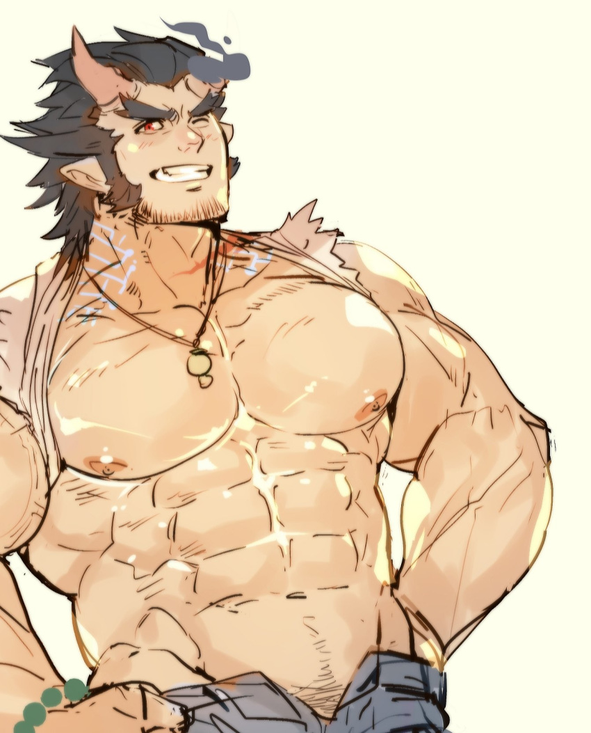 1boy abs bara beard blush chest dark_blue_hair facial_hair fang highres horns jewelry looking_at_viewer male_focus muscle necklace nipples pectorals rybiokaoru scar simple_background smile solo takemaru_(tokyo_houkago_summoners) thick_eyebrows tokyo_houkago_summoners upper_body