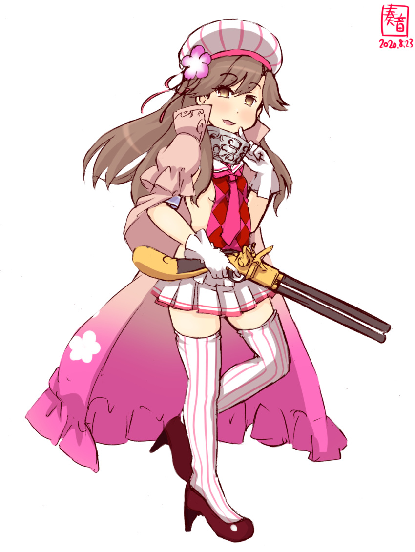 1girl agrostemma_(flower_knight_girl) agrostemma_(flower_knight_girl)_(cosplay) arashio_(kantai_collection) artist_logo breasts brown_eyes brown_hair cape card commentary_request cosplay dated flower_knight_girl full_body gloves gun highres kanon_(kurogane_knights) kantai_collection long_hair look-alike looking_at_viewer necktie pink_cape pink_neckwear pleated_skirt revision rifle sideboob simple_background skirt small_breasts solo striped striped_legwear thigh-highs weapon white_background white_gloves white_legwear white_skirt