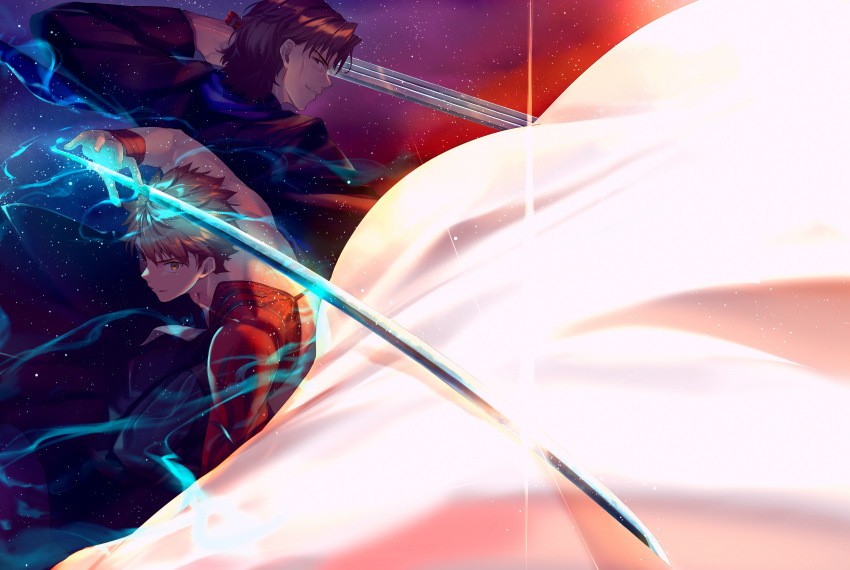 2boys absurdres bangs brown_eyes brown_hair capsule_servant coat commentary_request emiya_shirou eyebrows_visible_through_hair fate/grand_order fate_(series) hair_between_eyes highres holding holding_sword holding_weapon huge_filesize igote katana kotomine_kirei kurogiri limited/zero_over long_sleeves looking_at_viewer looking_back male_focus multiple_boys parted_lips profile purple_coat sengo_muramasa_(fate) smile sword v-shaped_eyebrows weapon