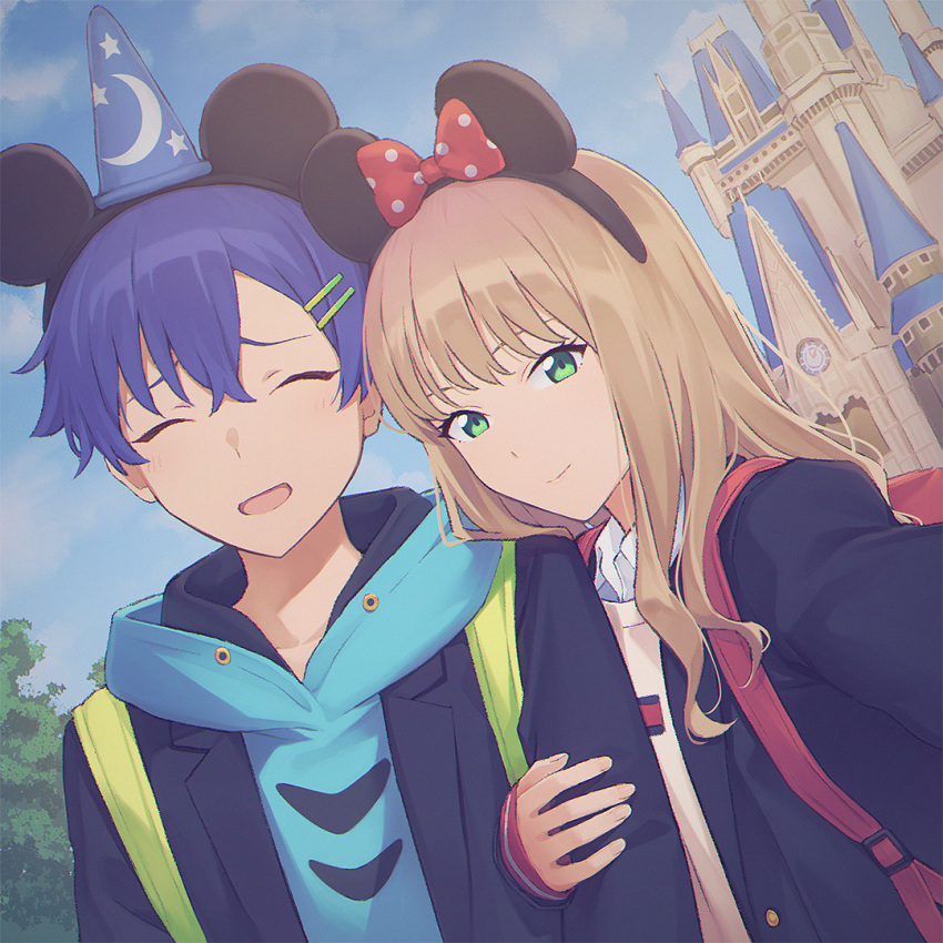 1boy 1girl :d ^_^ arm_hug asanaka_yomogi bangs black_jacket blue_hair blue_headwear blue_hoodie blue_sky blush bow brown_hair castle closed_eyes closed_mouth clouds cloudy_sky collared_shirt commentary_request crescent_moon day disneyland eyebrows_behind_hair facing_viewer green_eyes gridman_universe hair_between_eyes hair_ornament hairclip hat hood hood_down hoodie jacket long_hair long_sleeves looking_at_viewer mickey_mouse_ears mikazuchi_zeus minami_yume moon open_clothes open_jacket outdoors polka_dot polka_dot_bow print_headwear red_bow selfie shirt sky sleeves_past_wrists smile ssss.dynazenon star_(symbol) star_print sweater_vest upper_body white_shirt wizard_hat