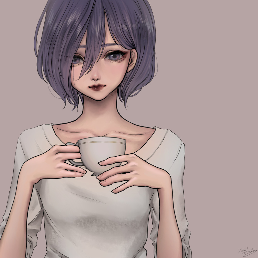 1girl absurdres artist_name bangs black_hair breasts collarbone commentary cup grey_background grey_eyes hair_between_eyes hair_over_one_eye hands_up highres holding holding_cup kirishima_touka lips long_sleeves looking_at_viewer medium_breasts mina_(minalaifey) red_lips shirt short_hair signature simple_background solo tokyo_ghoul upper_body white_shirt