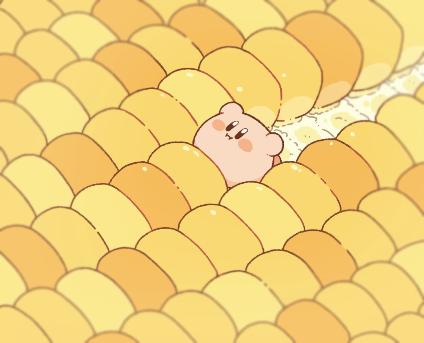 black_eyes blush_stickers corn eating food full_mouth harukui highres kirby kirby_(series) no_humans oversized_food yellow_theme