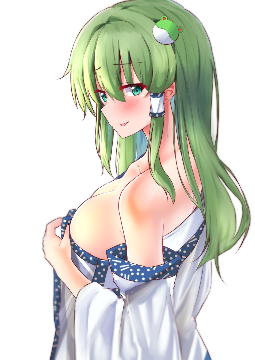 1girl aqua_eyes blush breasts censored collarbone detached_sleeves eyebrows_visible_through_hair frog_hair_ornament from_side green_hair hair_ornament hair_tubes highres kochiya_sanae looking_to_the_side mukkushi off_shoulder pointless_censoring simple_background solo touhou upper_body white_background