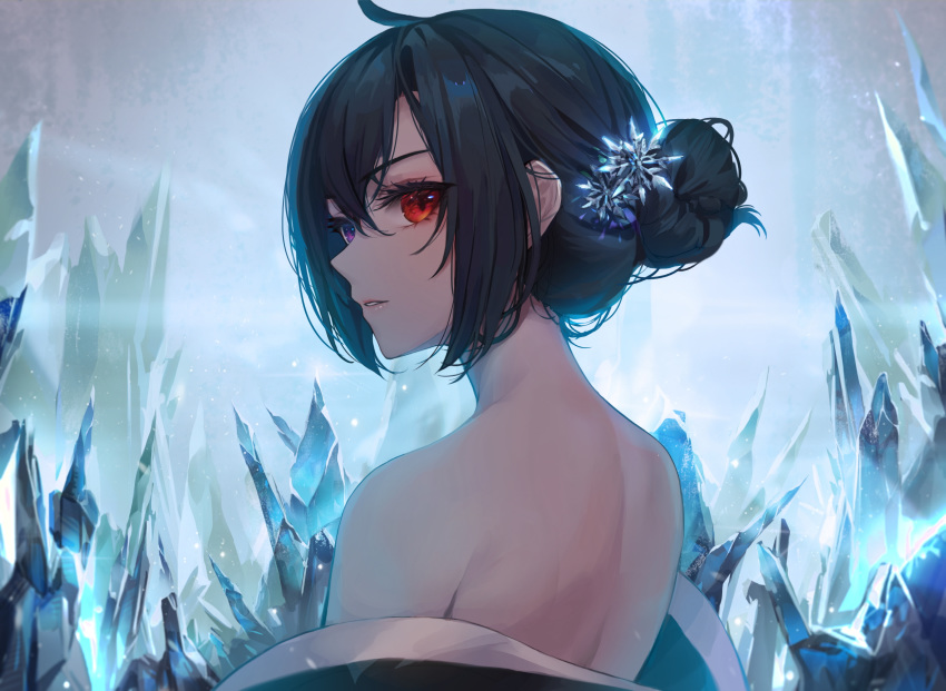 1girl ahoge back bare_shoulders black_hair crystal english_commentary from_behind hair_between_eyes hair_bun hair_ornament highres ice light_particles looking_at_viewer looking_back medium_hair nape off_shoulder original parted_lips portrait profile red_eyes sidelocks snowflake_hair_ornament solo symbol_commentary zain_(jiha3905)