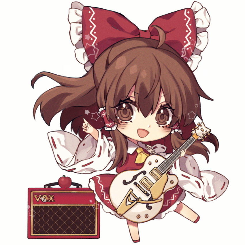 1girl ahoge amplifier_(instrument) apple blush bow brown_eyes brown_hair chibi commentary_request detached_sleeves electric_guitar food fruit full_body guitar hair_between_eyes hair_bow hair_tubes hakurei_reimu highres holding holding_instrument instrument kyouda_suzuka long_hair looking_at_viewer open_mouth outstretched_arm pointing red_bow red_footwear red_shirt red_skirt shirt simple_background skirt smile solo star_(symbol) touhou white_background wide_sleeves yellow_neckwear yin_yang